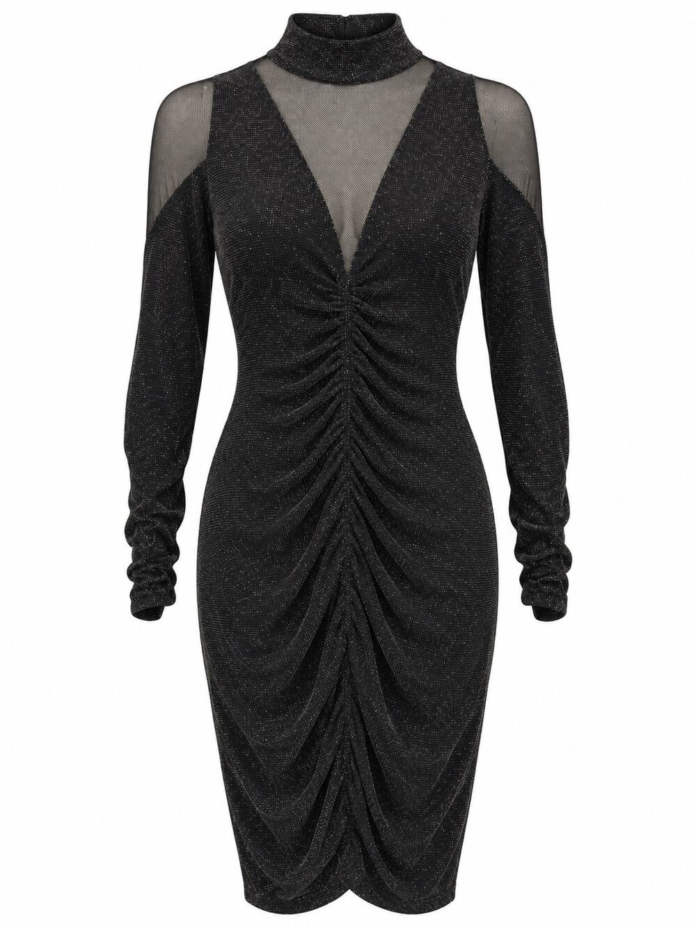 Venus Black Metallic Ruched Mesh Bodycon Midi Dress Sheer Mock Neck Size Small